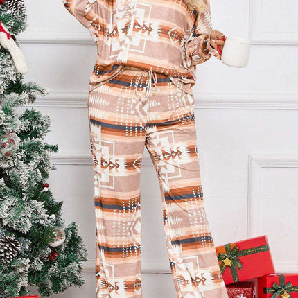 Chic Aztec-Inspired Lounge Set with Elegant Puff Sleeves & Adjustable Drawstring
