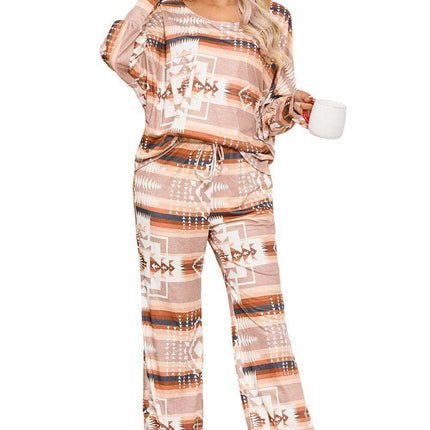 Chic Aztec-Inspired Lounge Set with Elegant Puff Sleeves & Adjustable Drawstring