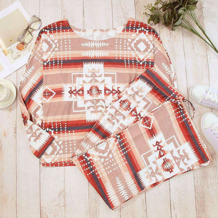Chic Aztec-Inspired Lounge Set with Elegant Puff Sleeves & Adjustable Drawstring