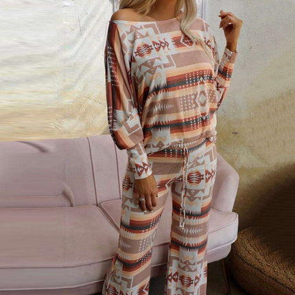 Chic Aztec-Inspired Lounge Set with Elegant Puff Sleeves & Adjustable Drawstring