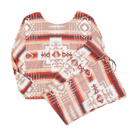 Chic Aztec-Inspired Lounge Set with Elegant Puff Sleeves & Adjustable Drawstring
