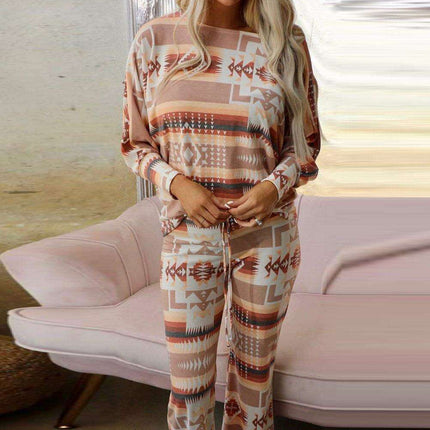 Chic Aztec-Inspired Lounge Set with Elegant Puff Sleeves & Adjustable Drawstring