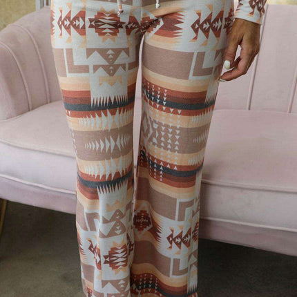 Chic Aztec-Inspired Lounge Set with Elegant Puff Sleeves & Adjustable Drawstring