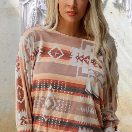 Chic Aztec-Inspired Lounge Set with Elegant Puff Sleeves & Adjustable Drawstring