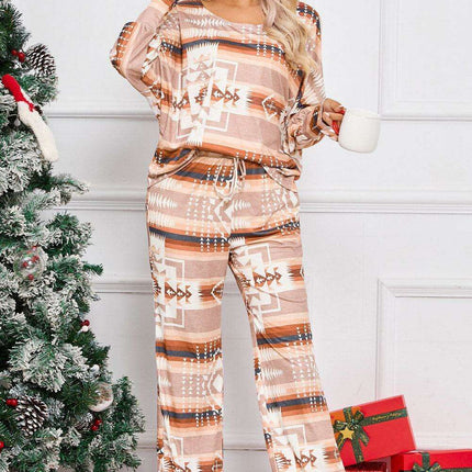 Chic Aztec-Inspired Lounge Set with Elegant Puff Sleeves & Adjustable Drawstring