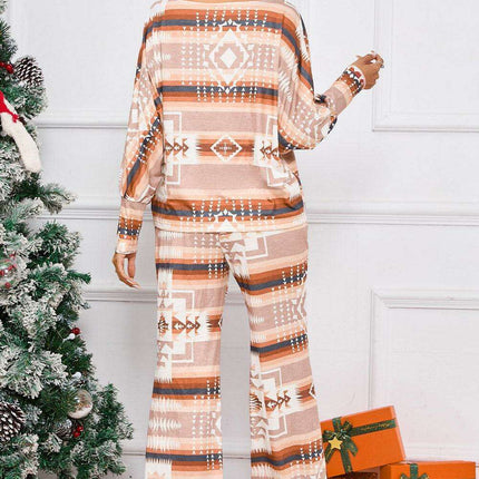 Chic Aztec-Inspired Lounge Set with Elegant Puff Sleeves & Adjustable Drawstring