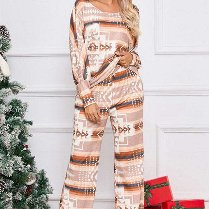 Chic Aztec-Inspired Lounge Set with Elegant Puff Sleeves & Adjustable Drawstring