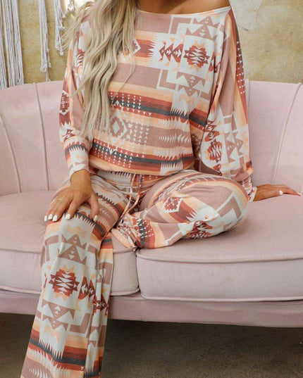 Chic Aztec-Inspired Lounge Set with Elegant Puff Sleeves & Adjustable Drawstring