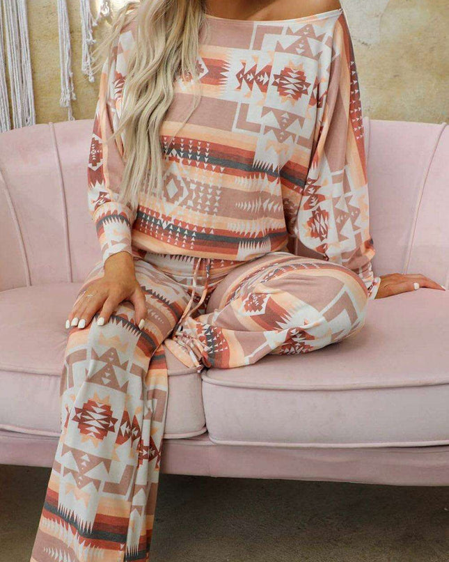 Chic Aztec-Inspired Lounge Set with Elegant Puff Sleeves & Adjustable Drawstring