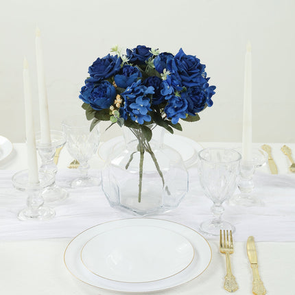 AliKopy 2 Pack Navy Blue Silk Rose & Peony Bouquets - 12" Wedding Déco