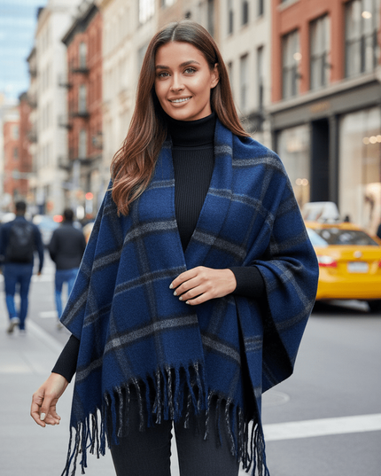 Cozy Colorful Plaid Shawl with Elegant Tassels