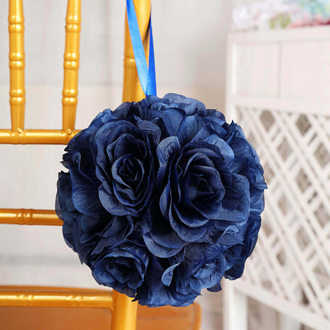 AliKopy 2 Pack 7" Navy Blue Artificial Silk Rose Kissing Balls - Elega