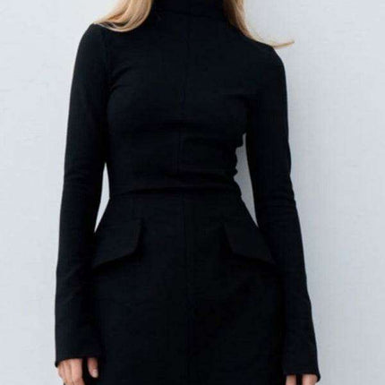 Chic Ribbed Turtleneck Bodycon Mini Dress with Open Sleeves
