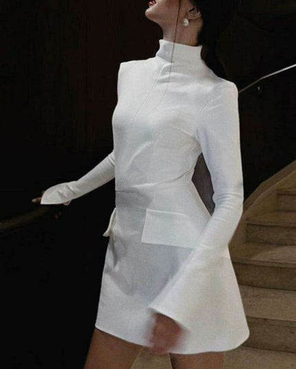 Chic Ribbed Turtleneck Bodycon Mini Dress with Open Sleeves