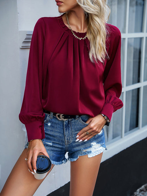 Sophisticated Lace-Trimmed Long-Sleeve Blouse - Chic Top for Women