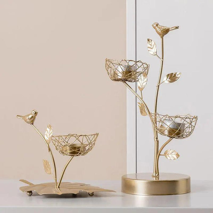 Nordic Wrought Iron Bird And Leaves Candle Holders with Intricate Detailing