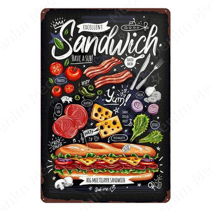 Nostalgic Retro Metal Sign for Kitchen - Pasta, Sandwich, and Fresh Bread Wall Art