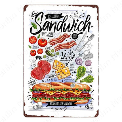 Nostalgic Retro Metal Sign for Kitchen - Pasta, Sandwich, and Fresh Bread Wall Art