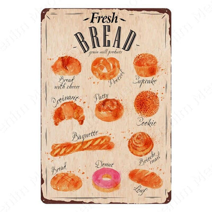 Nostalgic Retro Metal Sign for Kitchen - Pasta, Sandwich, and Fresh Bread Wall Art