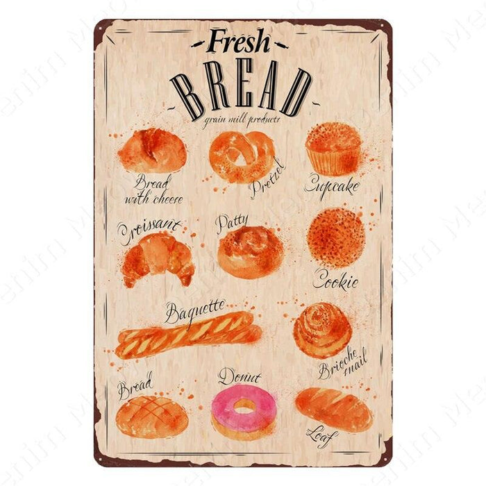Vintage Pasta Sandwich Fresh Bread Metal Tin Sign - Retro Kitchen Decor