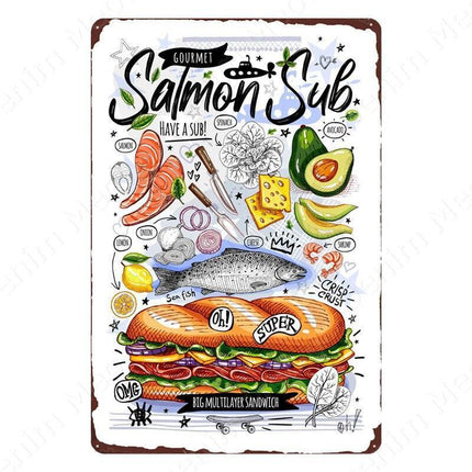 Nostalgic Retro Metal Sign for Kitchen - Pasta, Sandwich, and Fresh Bread Wall Art