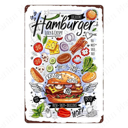 Nostalgic Retro Metal Sign for Kitchen - Pasta, Sandwich, and Fresh Bread Wall Art