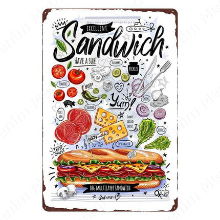 Nostalgic Retro Metal Sign for Kitchen - Pasta, Sandwich, and Fresh Bread Wall Art
