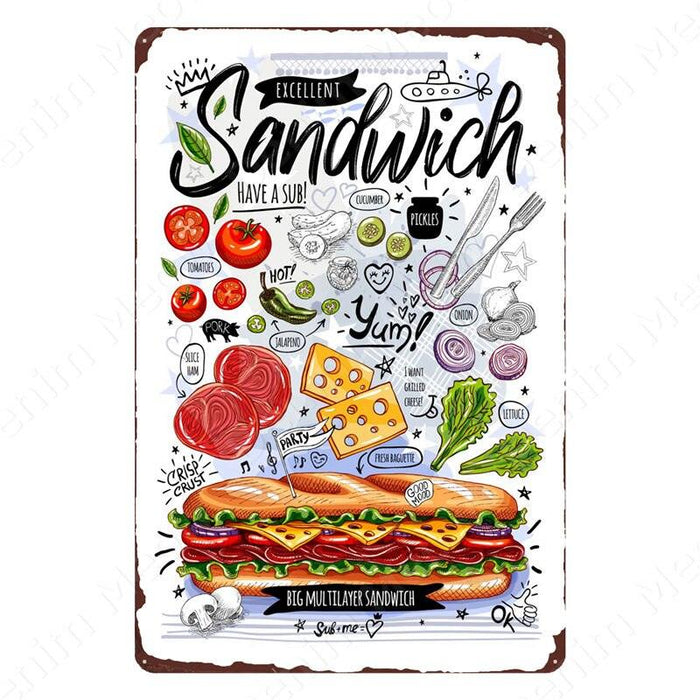 Retro Kitchen Metal Sign - Vintage Pasta Sandwich Fresh Bread Design
