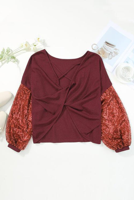 Shimmering Sequin Crossback Sheer Blouse with Twisted Detail