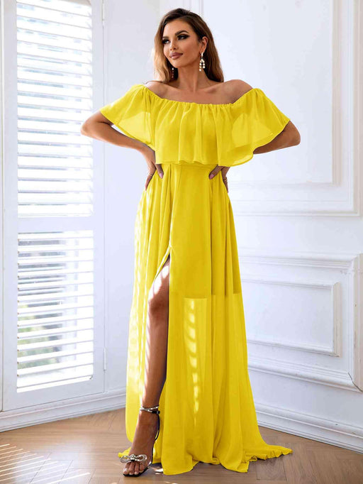 Layered Split Maxi Dress with Off-Shoulder Detail