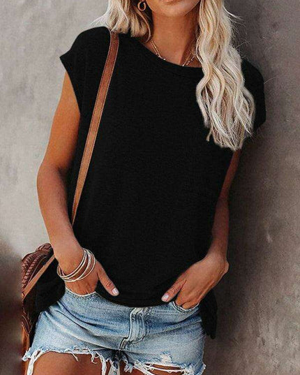 Stylish Off-Shoulder Pocket Tee: Trendy Solid Color Round Neck Shirt