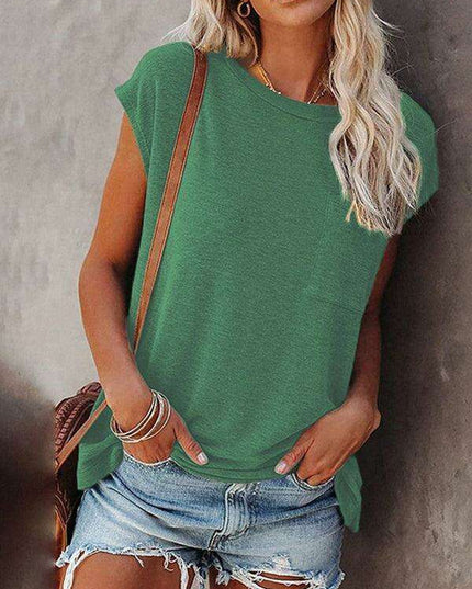Stylish Off-Shoulder Pocket Tee: Trendy Solid Color Round Neck Shirt