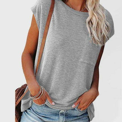Stylish Off-Shoulder Pocket Tee: Trendy Solid Color Round Neck Shirt