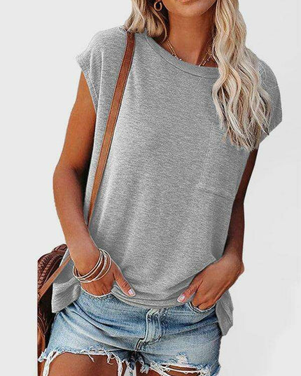 Stylish Off-Shoulder Pocket Tee: Trendy Solid Color Round Neck Shirt
