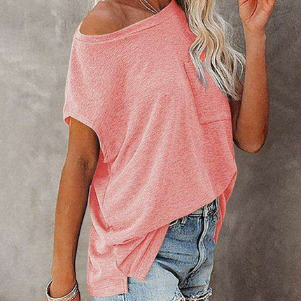 Stylish Off-Shoulder Pocket Tee: Trendy Solid Color Round Neck Shirt