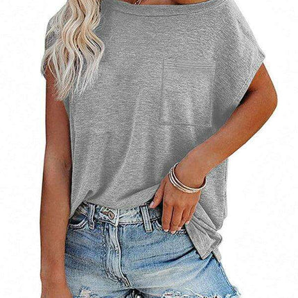Stylish Off-Shoulder Pocket Tee: Trendy Solid Color Round Neck Shirt