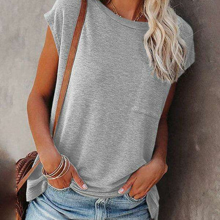 Stylish Off-Shoulder Pocket Tee: Trendy Solid Color Round Neck Shirt