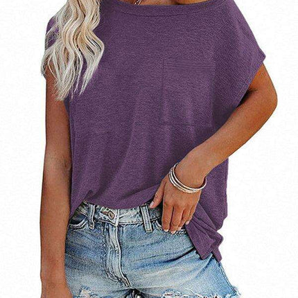 Stylish Off-Shoulder Pocket Tee: Trendy Solid Color Round Neck Shirt