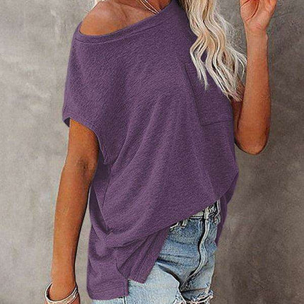 Stylish Off-Shoulder Pocket Tee: Trendy Solid Color Round Neck Shirt