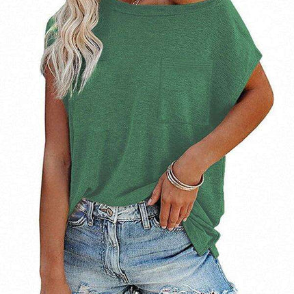 Stylish Off-Shoulder Pocket Tee: Trendy Solid Color Round Neck Shirt