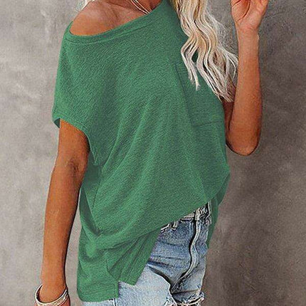 Stylish Off-Shoulder Pocket Tee: Trendy Solid Color Round Neck Shirt