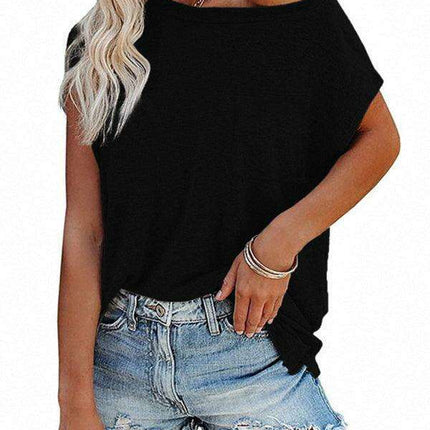 Stylish Off-Shoulder Pocket Tee: Trendy Solid Color Round Neck Shirt