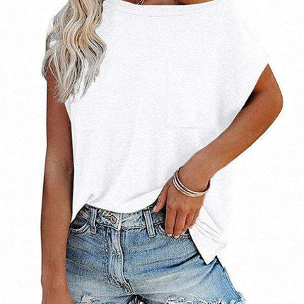 Stylish Off-Shoulder Pocket Tee: Trendy Solid Color Round Neck Shirt