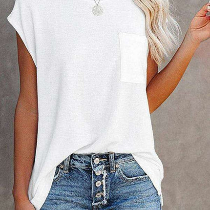 Stylish Off-Shoulder Pocket Tee: Trendy Solid Color Round Neck Shirt