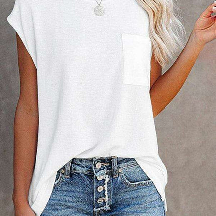 Stylish Off-Shoulder Pocket Tee: Trendy Solid Color Round Neck Shirt