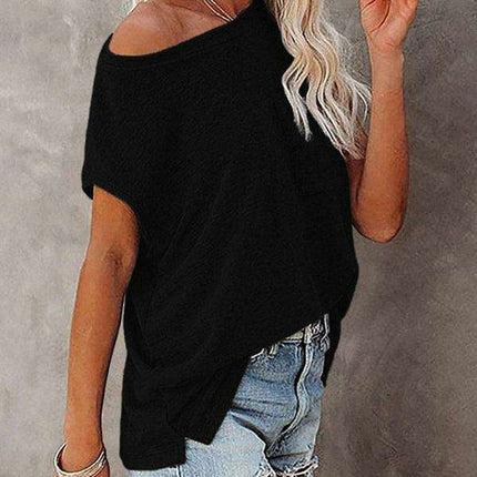 Stylish Off-Shoulder Pocket Tee: Trendy Solid Color Round Neck Shirt