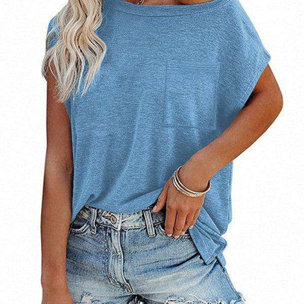 Stylish Off-Shoulder Pocket Tee: Trendy Solid Color Round Neck Shirt