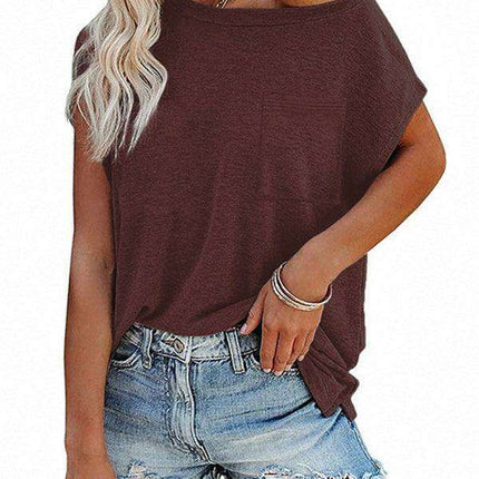 Stylish Off-Shoulder Pocket Tee: Trendy Solid Color Round Neck Shirt