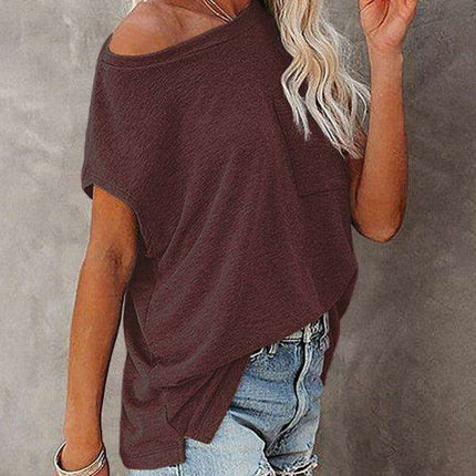 Stylish Off-Shoulder Pocket Tee: Trendy Solid Color Round Neck Shirt