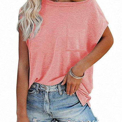 Stylish Off-Shoulder Pocket Tee: Trendy Solid Color Round Neck Shirt